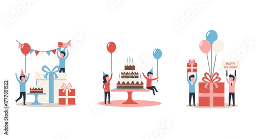 Birthday party celebration with cake, gifts, balloons, and people having fun