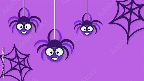 Halloween spiders and web on purple background, cute spider animation design. Available in FullHD and 4K video