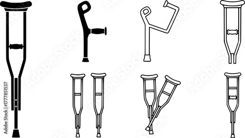 Crutch, Crutch silhouette, Wooden crutch, Forearm crutches, Forearm crutches silhouette, Medical crutches, Crutches, Crutches icon set.