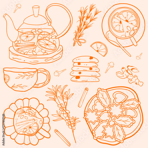 Vector line art collection featuring sea buckthorn tea in teapots, cups, herbs, citrus slices, ginger, cloves, cinnamon, cookies, seasonal treats. Perfect for recipe carbs, packaging, tea branding.