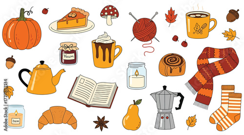 A cozy autumn collection of seasonal elements isolated on white background, featuring pumpkin, pie, mushroom, yarn, coffee, leaves, jam, hot chocolate, candle, cinnamon roll, scarf, and socks