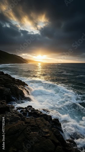 Ocean Waves Crashing on Rocky Shoreline at Dramatic Sunset