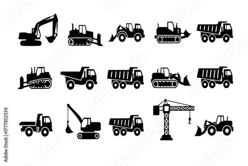 Set of silhouette of heavy construction vehicle. black and white icon truck. vector vset
