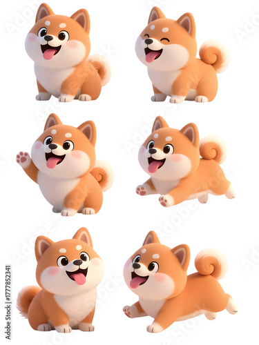 cheerful Shiba Inu puppies in various poses, 3D cute cartoon mascot style, isolated on transparent background
