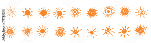 Scribble doodle sun hand drawn simple vector summer sunshine drawing vector icon weather climate positive emotion set