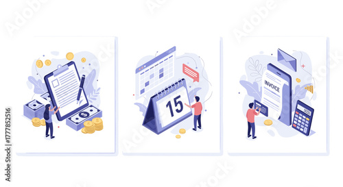 Isometric illustration of financial planning, budgeting, and accounting concepts with calendar and calculator