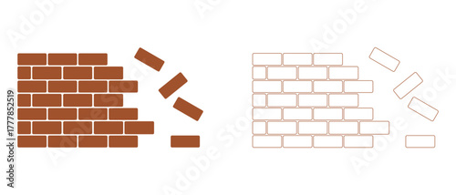 simple under construction icon, vector flat design unsafe building break down brick wall with falling bricks broken. simple square strong brick wall pieces icon, building structure pattern flat vector