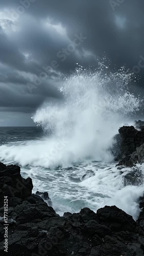 Waves Crashing on Dark Rocky Shoreline Under Dramatic Cloudy Sky