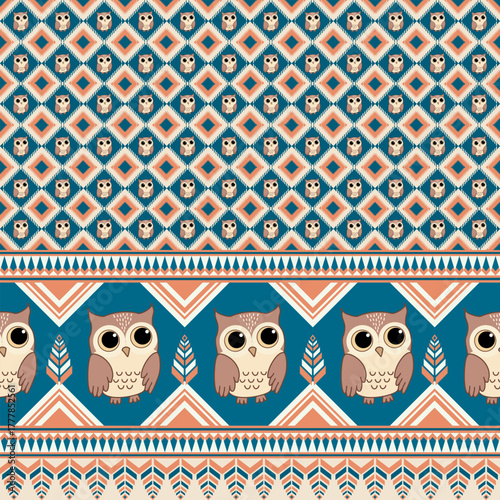 Cute Cartoon Owls and Tribal Geometric Seamless Pattern