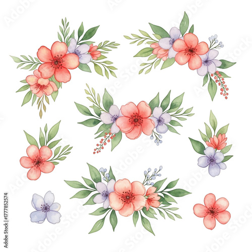 Delicate watercolor floral arrangements for elegant designs and festive decorations isolated on transparent background