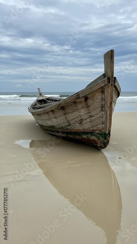 Wooden Fishing Boat Stranded on Sandy Beach with Rolling Ocean Waves
