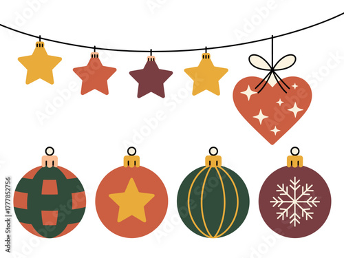 Decorative Christmas ornaments and star-shaped hanging decorations are displayed on a wire.