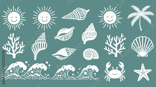 A delightful array of beachthemed elements, including smiling suns, various seashells, a palm tree, coral, waves, a crab, and a starfish, all rendered in a charming, handdrawn style