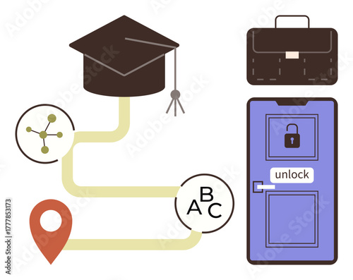 Graduation cap, nodes, map pin, briefcase, and locked door illustrating education as the key to unlocking career opportunities. Ideal for learning, growth, goal-setting, success motivation career