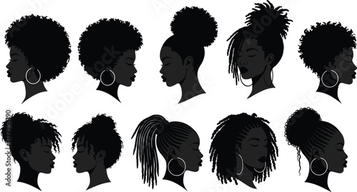 Afro textured hair silhouettes, natural hairstyles, braids, locs, twists, black beauty, cultural pride, hoop earrings, diversity, fashion, identity, elegance, empowerment