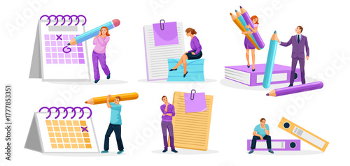 Business people interacting with oversized calendars, pencils, papers, folders and books on white background. Concept of office work. Vector illustration