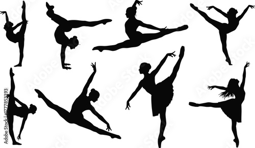 Fotografie Ballet dancer silhouettes, graceful poses, dance movement, flexibility, black ve