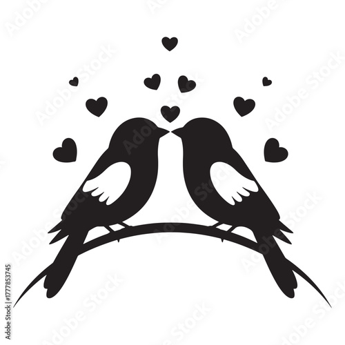 A charming vector design featuring two birds sharing a kiss, surrounded by floating hearts. This artwork is perfect for conveying love and affection in various designs. Ideal for use in Valentine’s 