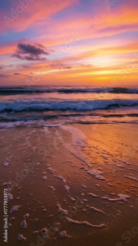 Ocean Waves Crashing on Sandy Beach at Colorful Dramatic Sunset
