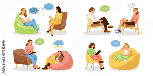 Set of people in therapy sessions with counselors, cartoon style on white background. Concept of mental health, emotional support. Vector illustration