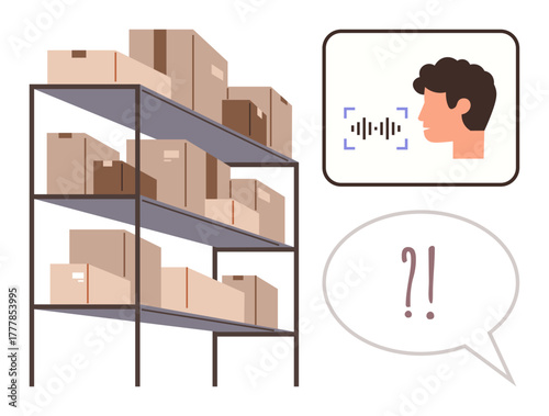 Shelves of boxes beside head with voice recognition icon and speech bubble. Ideal for inventory, logistics, voice tech, automation, supply chain, warehouse management, simple flat metaphor
