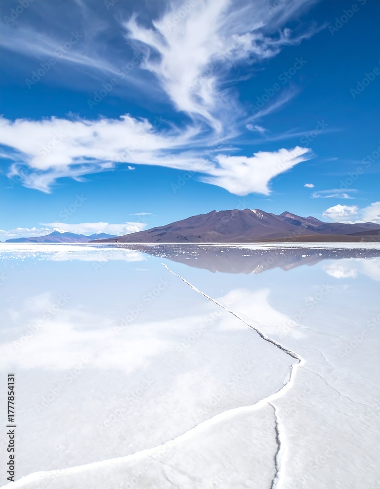 Fototapeta premium Breathtaking Reflection of a Bright Blue Sky and Wispy Clouds on a Cracked White Salt Flat, Leading Towards Distant Majestic Mountains Under a Brilliant Sun