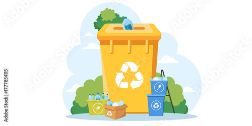Plastic recycling bins filled with used bottles, flat graphic style, on a park background, concept of waste segregation and sustainability. Vector illustration