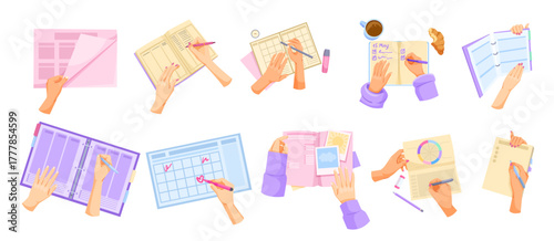 Collection of hands writing, drawing, and planning in calendars and notebooks, flat graphic style on white background. Concept of organization. Vector illustration