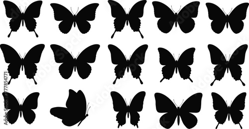 Butterfly silhouette collection, diverse wing shapes, insect design, black vector butterflies, entomology art, nature icons, taxonomy reference, graphic elements