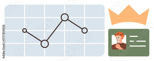 Line graph on grid background, crown, and personal ID card suggesting analysis, growth, success, recognition, personal branding, achievement and progress. Ideal for marketing performance tracking