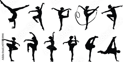 Dancer gymnast silhouettes, dynamic poses, flexibility, ribbon movement, black vector art, balance, grace, athletic form, expressive motion, rhythmic performance