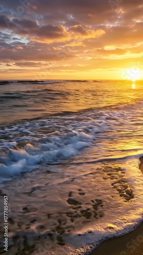 Waves Crashing Gently on Sandy Beach at Colorful Golden Hour Sunset