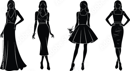 Fashion silhouette, elegant dress, cocktail attire, party outfit, stylish women, evening wear, chic style, black figure, dress design, pose
