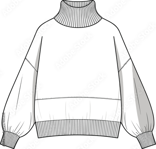 Fashion illustration, technical sketch, turtleneck sweater, ribbed cuffs, dropped shoulder, voluminous sleeves, garment design, winter wear, cozy knitwear, apparel template