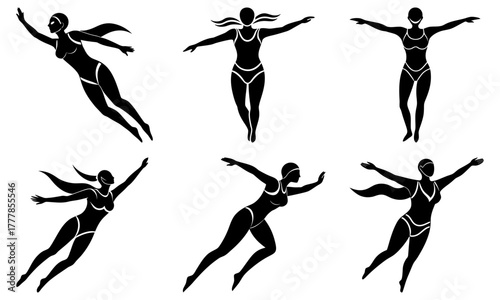 Silhouettes of women in swimwear in various flying and swimming poses on a white background artfully arranged
