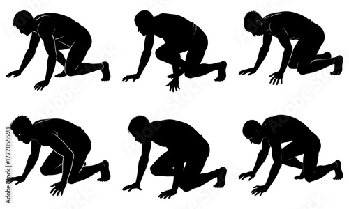 Silhouetted figures in starting positions for a race or competition showing focus and determination and readiness