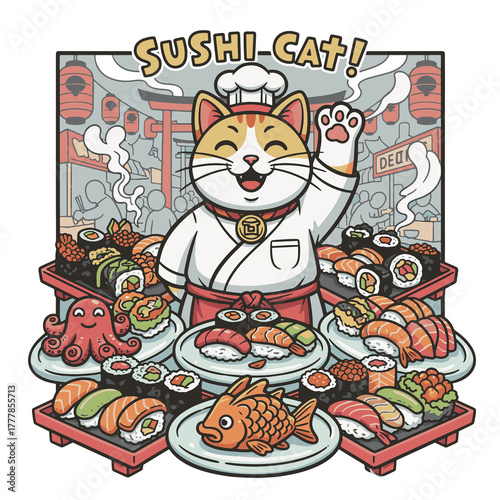 Maneki Neko Cat Sushi Chef Cartoon Vector Illustration