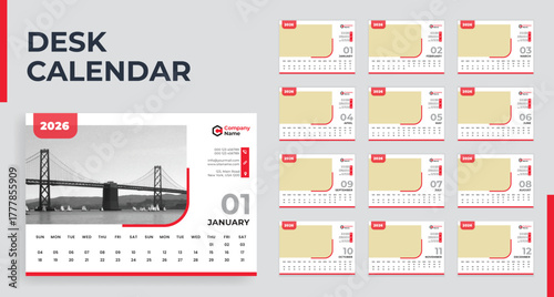 2026 Desk Calendar Template – Clean Corporate Layout, Editable AI File