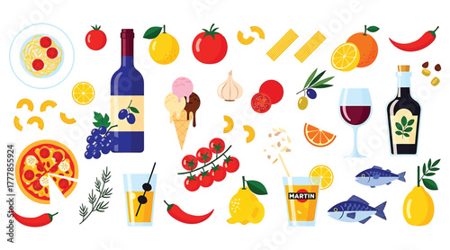 A delightful medley of italian cuisine elements, featuring pasta, pizza, wine, tomatoes, lemons, olives, garlic, ice cream, seafood, and peppers isolated on white background