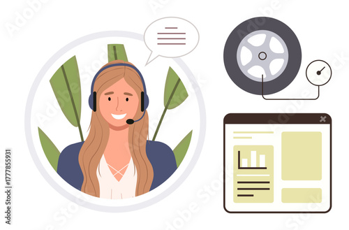 Smiling woman in headset in a circle frame, speech bubble, tire pressure check tool, and online interface window. Ideal for customer service, tech support, car maintenance, communication, remote