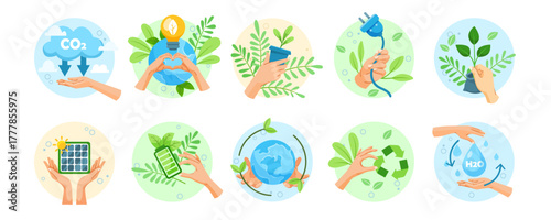 Set of icons showing hands with eco-friendly symbols like plants, energy, water, and recycling in flat style on circular backgrounds. Vector illustration