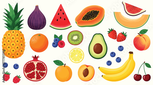 Colorful Fruit Collection – Tropical and Seasonal Fruits Including Pineapple, Papaya, Kiwi, Berries, Citrus, and More in Vibrant Illustrations for Nutrition, Decor, Education, and Graphic Design