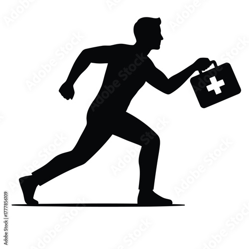 Silhouette of a man running with a first aid kit