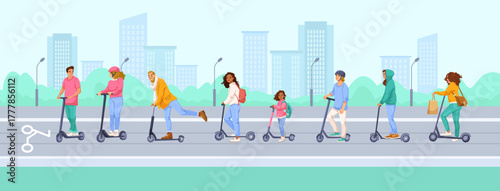 Group of diverse people riding electric scooters on city road, flat cartoon style, with urban buildings and greenery in background. Concept of eco transport. Vector illustration