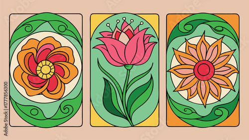 Three Minimal Floral Frames Depicting Nature’s Rhythm Through Vibrant Colors and Abstract Organic Forms