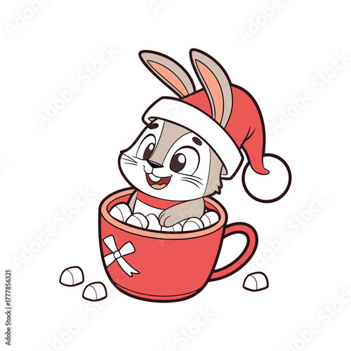 Cute cartoon rabbit wearing a santa hat sitting in a red mug with marshmallows