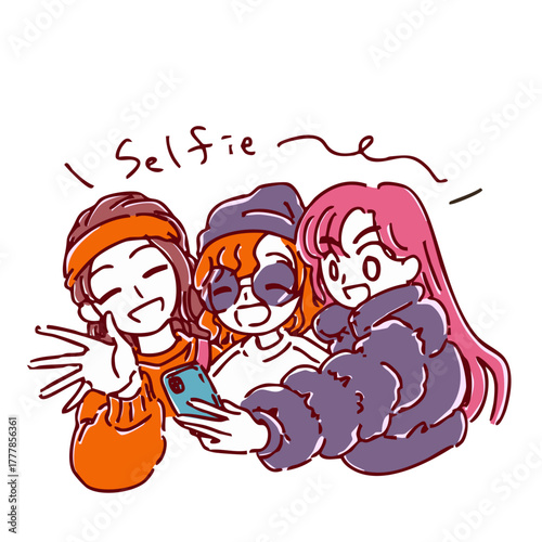 シンプルかわいい手描きの秋コーデ女子たちのイラスト素材