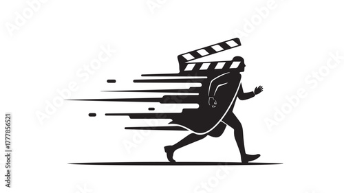  A stylized black and white vector illustration of a person running fast, with motion lines trailing behind them. The upper body transforms into a movie clapperboard, symbolizing filmmaking and speed.
