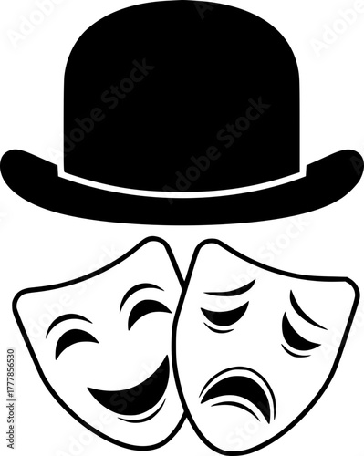 A black bowler hat and two theatrical masks, symbolizing comedy and tragedy. The concept of theater, drama, emotions, and classical style.