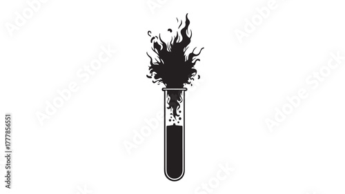 A black and white vector illustration of a test tube with a chemical reaction inside. Flames and smoke dramatically rise from the top, forming abstract, dynamic shapes. Clean minimalist style 